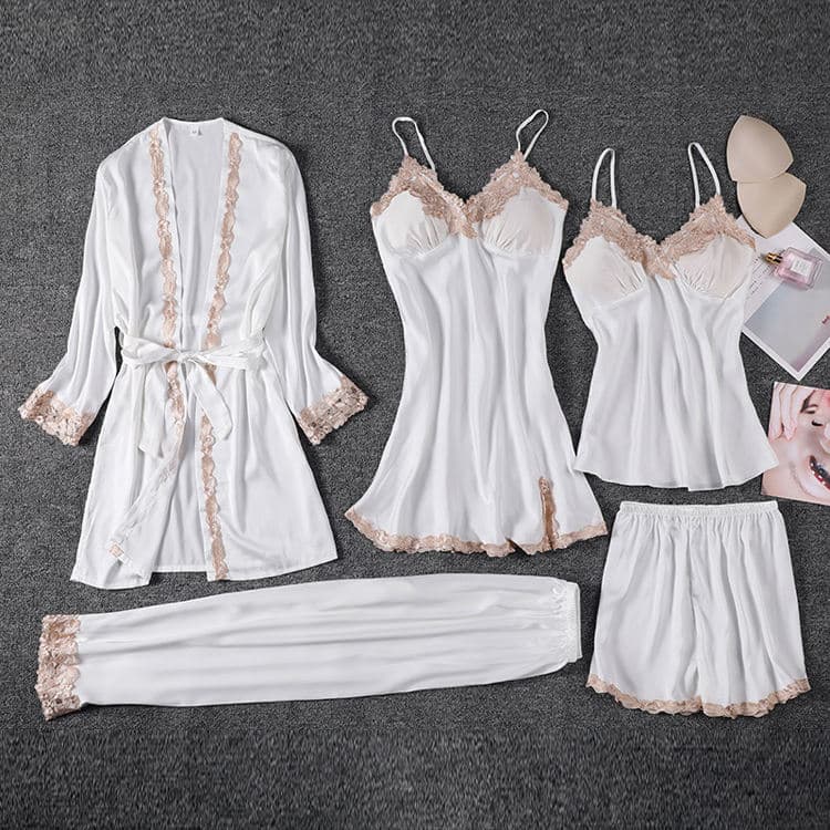 Women Elegant Pajamas 5-piece Set Lace Homewear Plus Size Wholesale Pajamas Manufacturer Solid Color Ice Silk Sleepwear
