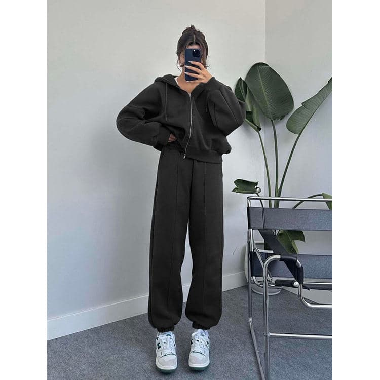 Autumn Winter New Solid Color Hooded Cardigan Sweatshirt Set Casual Sweatpants Set Jogging Suit