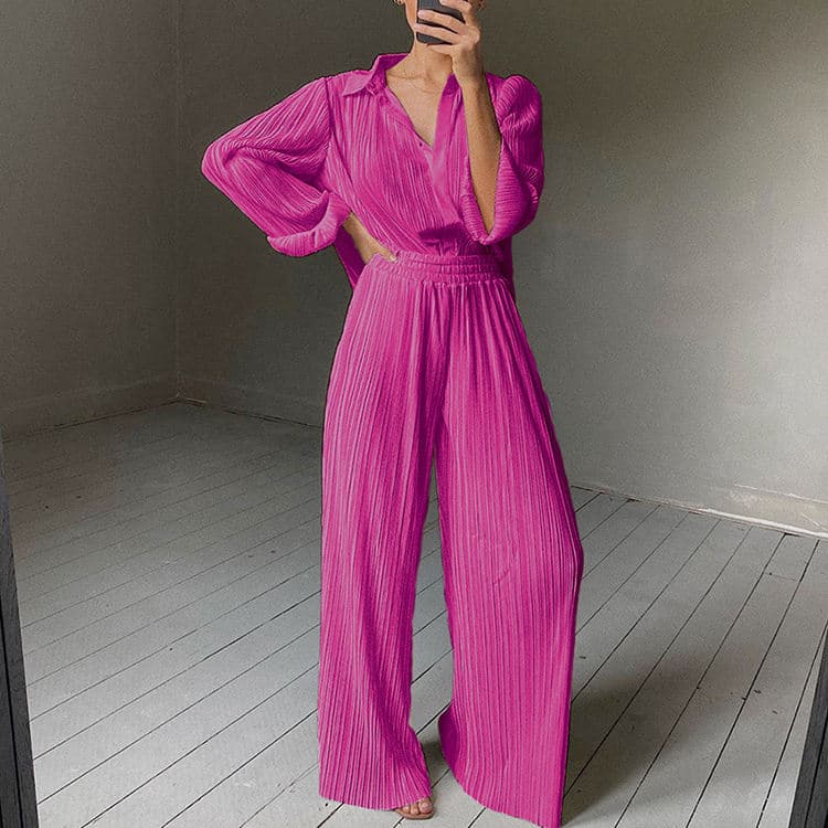 2023 New Long Sleeve  Turn Collar Pleated Tops Wide Leg Pleated Pants Women Set
