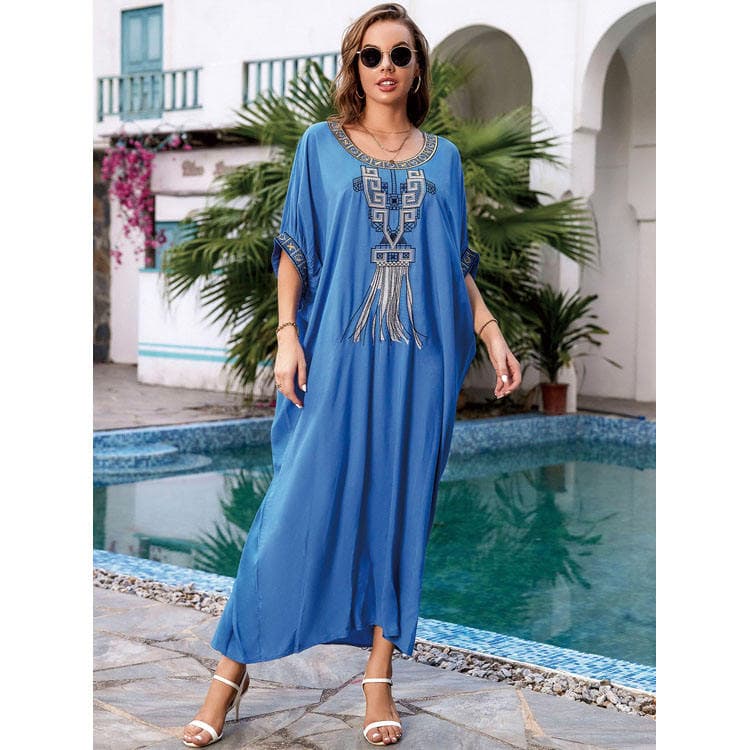 Wholesaler Loose Rayon Embroidered Long Dresses Holiday Robe Beach Sexy Cover Ups for Women