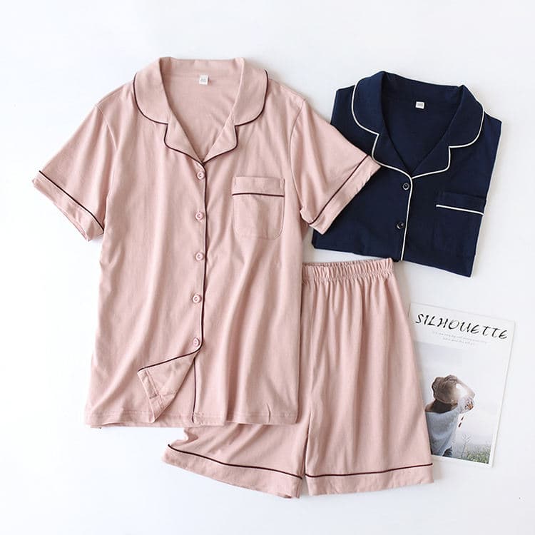 Japanese Simple Couple Pajamas Summer Cotton Loose Cardigan Lapel Shorts Home Clothes Set