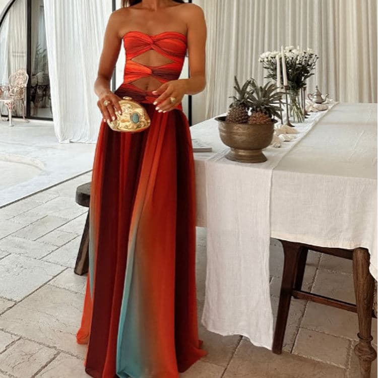 New Sexy Vacation Dresses Sexy Gradient Casual Dress Tube Top Hollowed Evening Dresses