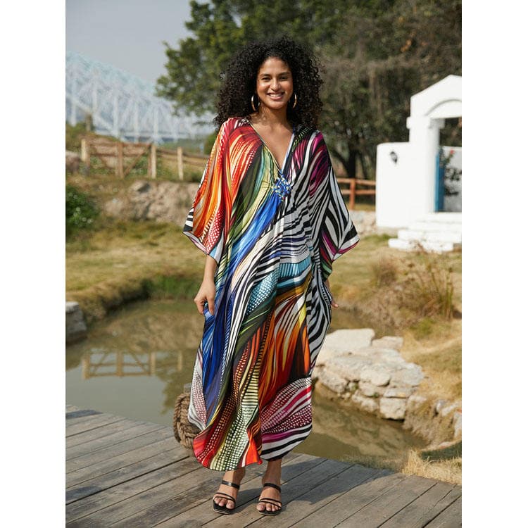 Beach Position Rayon Cover Ups Oversize Women Printed Flowers Holiday Dress