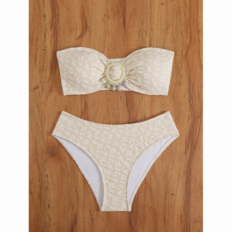 Push up Sexy Beige Solid Color Bandeau Bikini Two Piece High Waist Comfort Swimsuit Beachwear