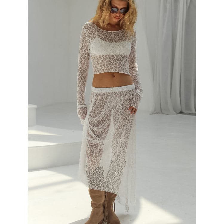 New Fashion Sexy Lace Set White Lace Long Sleeve T-Shirt Loose Skirt Two Piece Set for Women