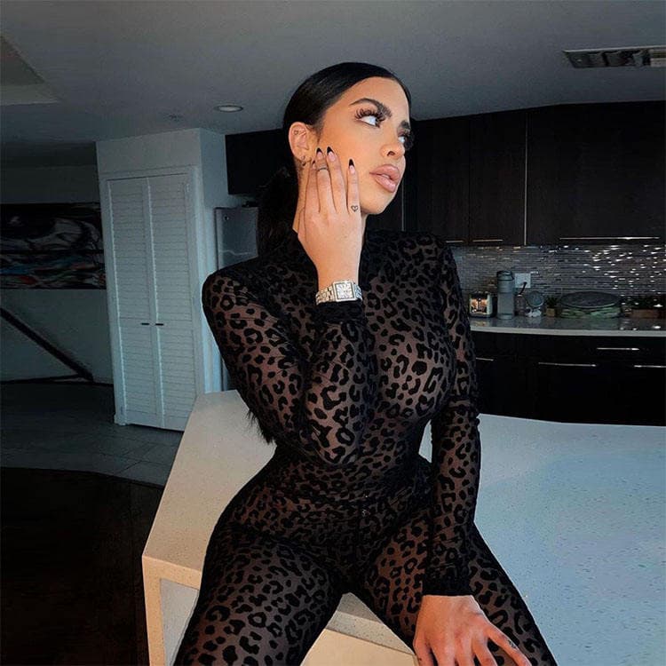 Womens Sexy Leopard Mesh Jumpsuit Long Sleeve Pants Black Slim See Through Bodycon Party Clubwear
