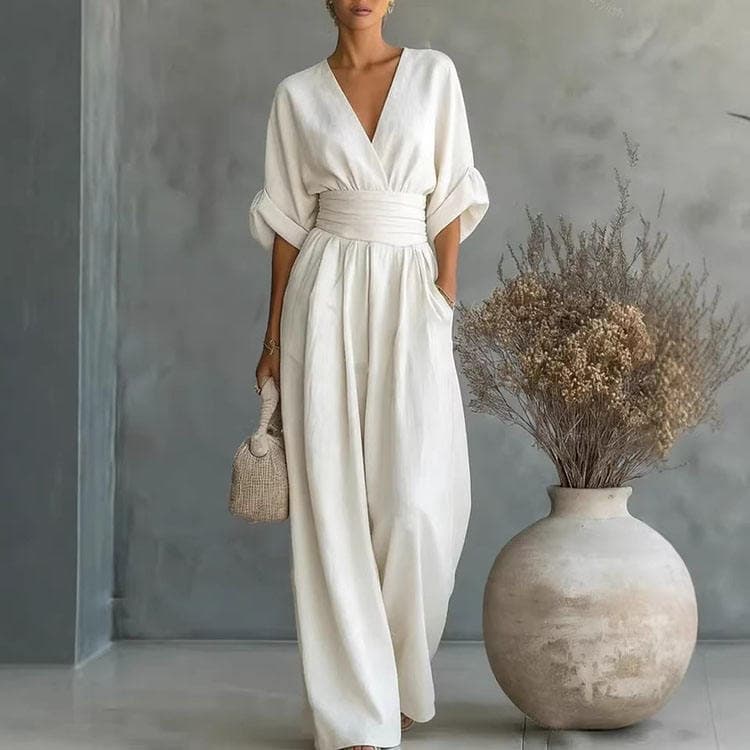 Wenshuo Solid Color Women Casual Jumpsuit Elegant V Neck Jumpsuit for Women with Pocket Slim Fit Wide Leg Jumpsuit