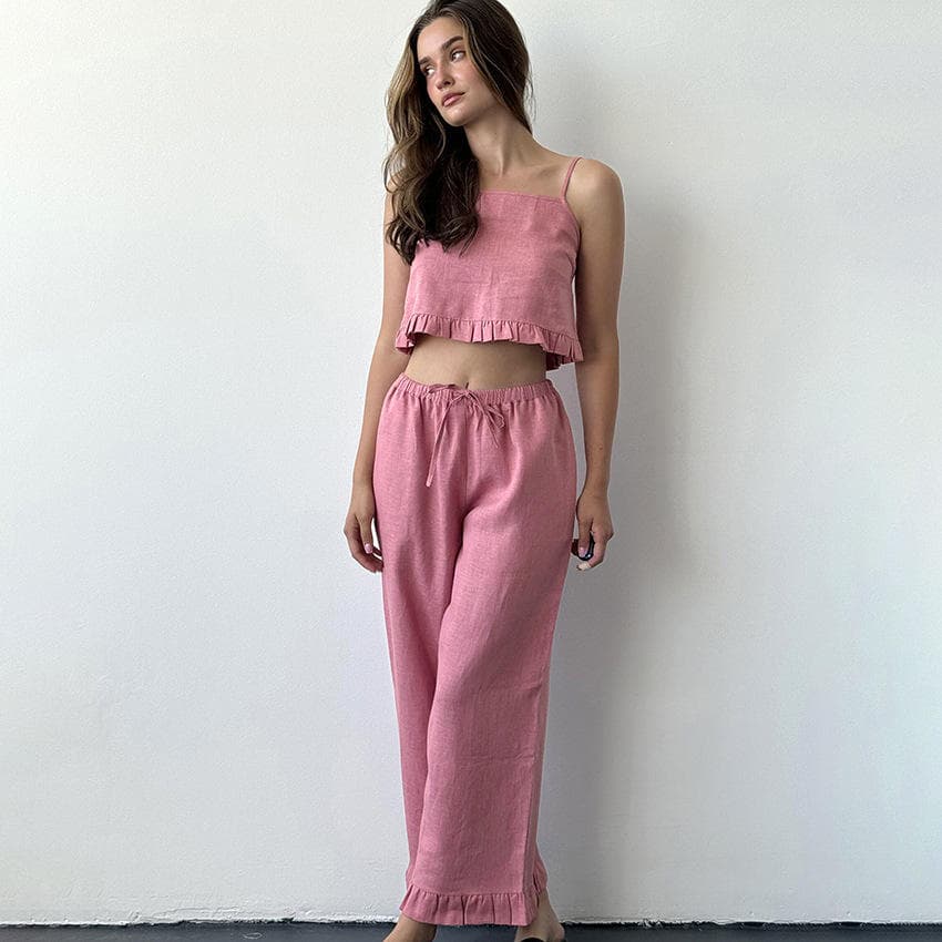 Ruffled Solid Color Pajamas Custom logo Cotton Home Clothes Wholesale Drawstring Trousers Factory Directly