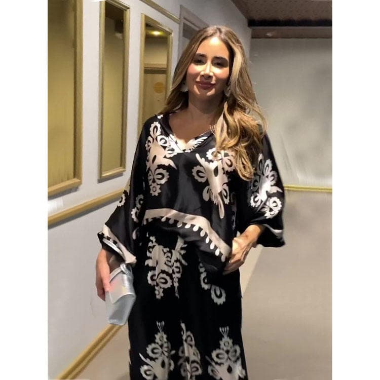 Spring 2024 New Fashion Loose Irregular Printed Long Sleeve Top Pants Two Piece Sets for Women