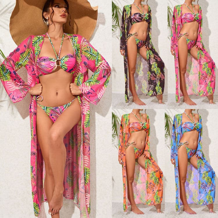 New Botanical Print Bikini 3 Piece Long Sleeve Long Cover Ups Swimsuit Bandage Swimwear