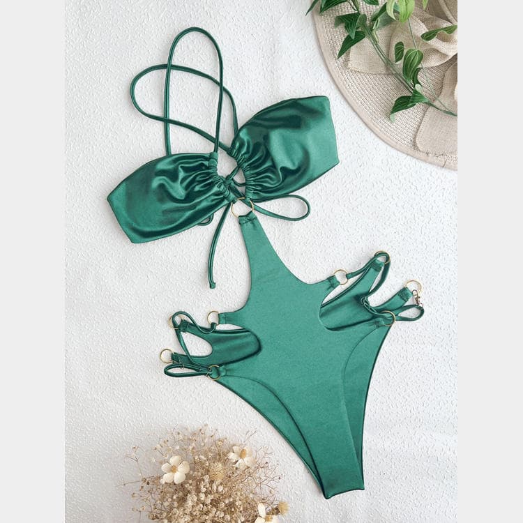 New One Piece Swimsuit Straps Bikini Women Hollow Out Swimsuit Solid Color Satin Bikini