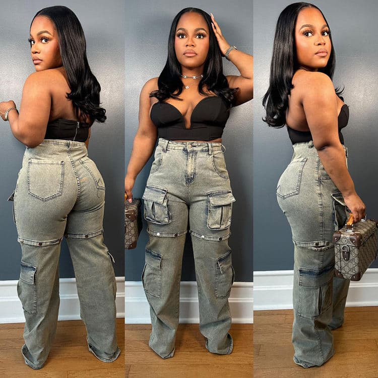 New Women Multi Pocket Jeans Fashionable Detachable Button Straight Leg Jeans Button Splicing Jeans