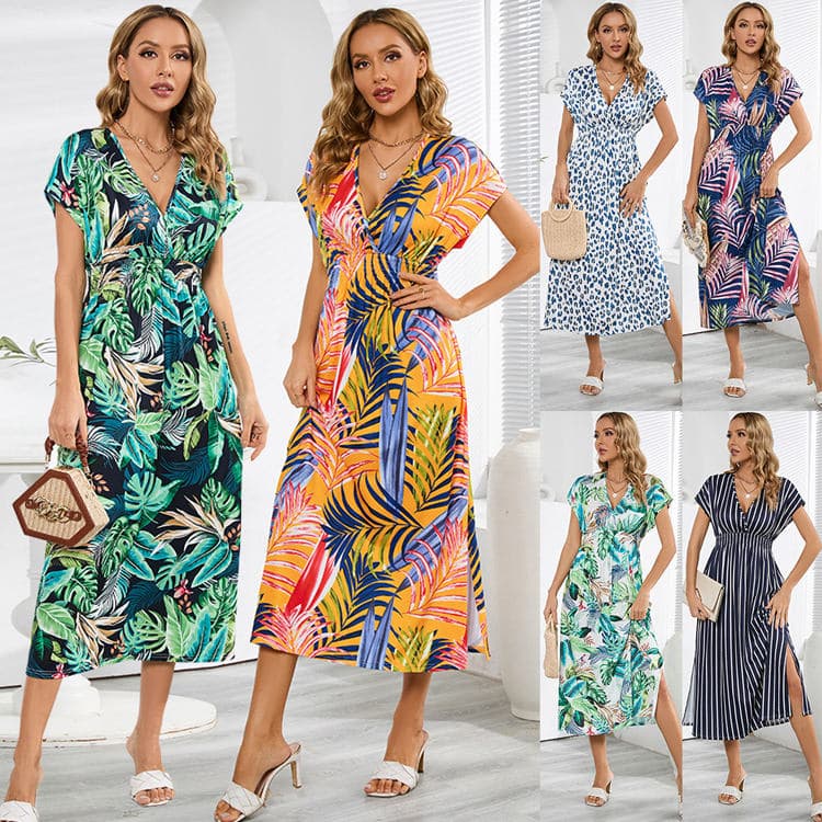 Fashion Bat Sleeve V-neck Strapless Dress Summer Dress Printed Long Skirt