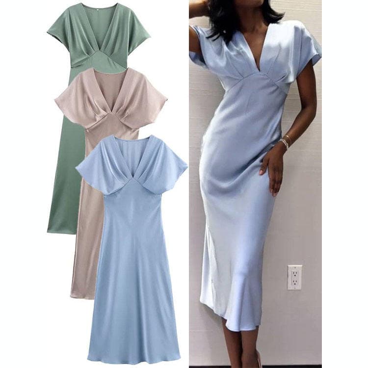 Wenshuo Stain Short Sleeve Dress Custom logo Simple Solid Color Dress Wholesale Elegant Long Dress Factory Directly