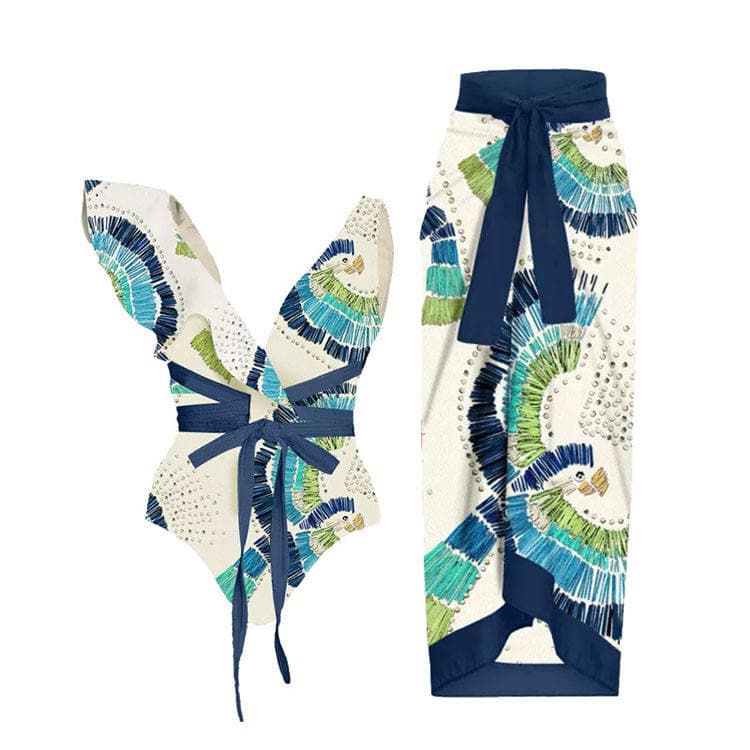 2023 Elegant Retro Ruffled Floral Print One Piece Bikini With Long Skirt Women Swimsuit Swimwear