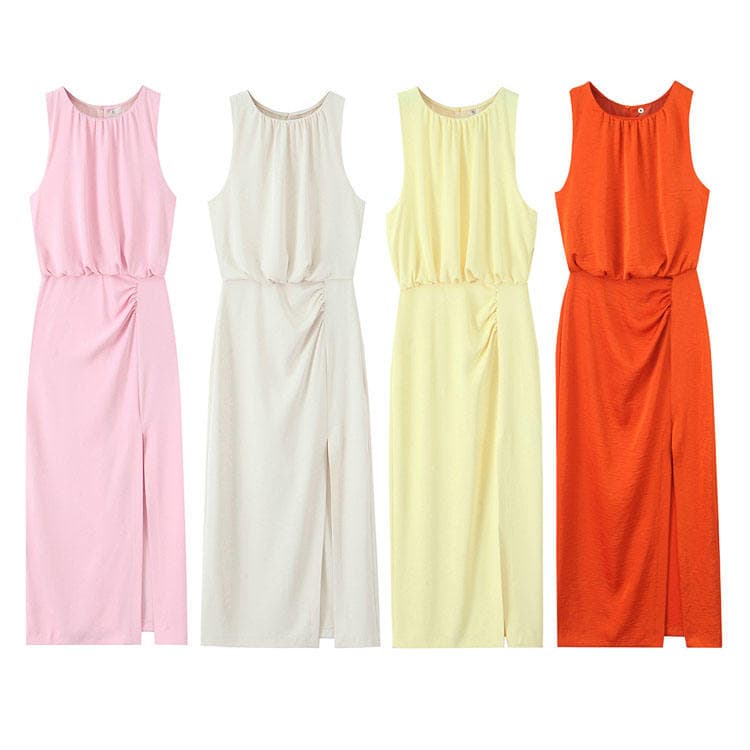 Wenshuo 2026 Pleated Midi Dress Solid Color Women Casual Dress Sleeveless Slit Dress Wholesale
