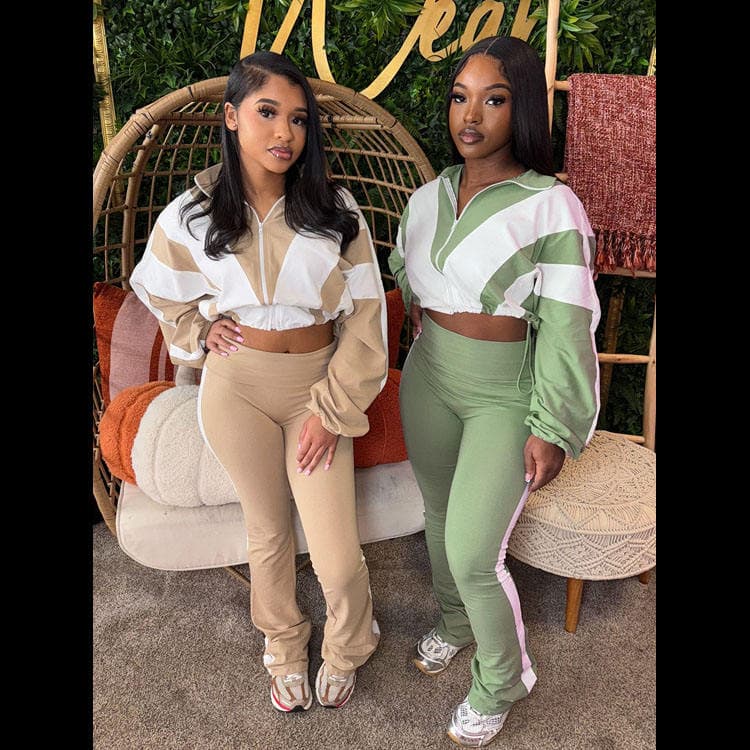 2025 New Style Women Color Blocking Stitching Contrast Color Sports Casual Two Piece Suit Women Yoga 2 Piece Set