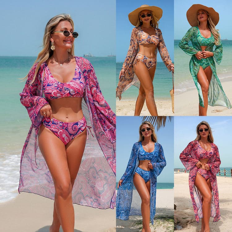 New Fashionable Retro Printed Swimsuit Set Classic 3-Piece Bikini Cover up for Women