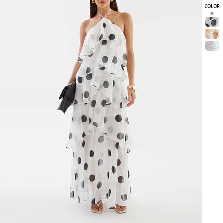Wenshuo Polka Dot Halter Dress Wholesale Printed Tiered Dress Custom logo Casual Maxi Dress Factory Directly