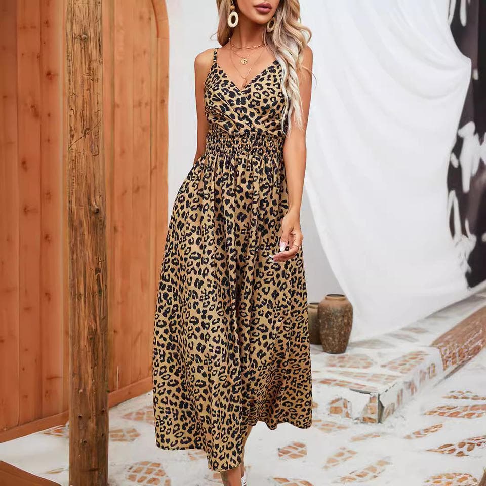 Leopard Print Beach Dress Wholesale Printed Suspender Dress Manufacturer V Neck Long Dress Factory Directly
