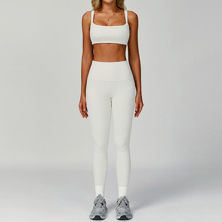 Custom Label Plain Color Threaded Women Yoga Set Nylon Spandex White Yoga Set
