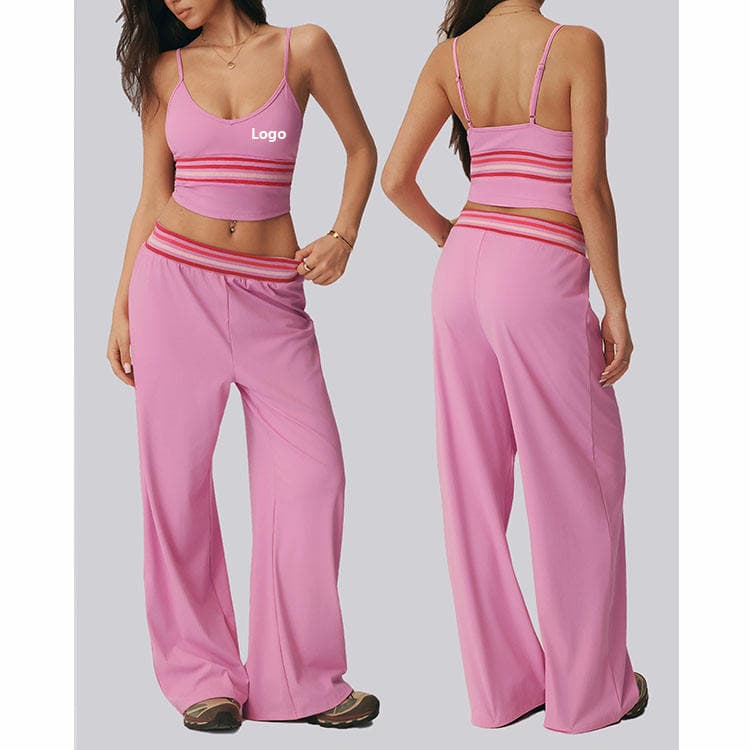 Nylon Spandex Activewear Color Block Striped Padded Bra and Loose Wide Leg Pants 2 Piece Yoga Set