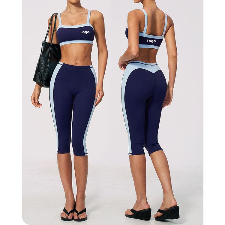 78 Nylon 22 Spandex Quick Dry Workout Set Block Color Bra and Cropped Pants 2 Piece Yoga Set