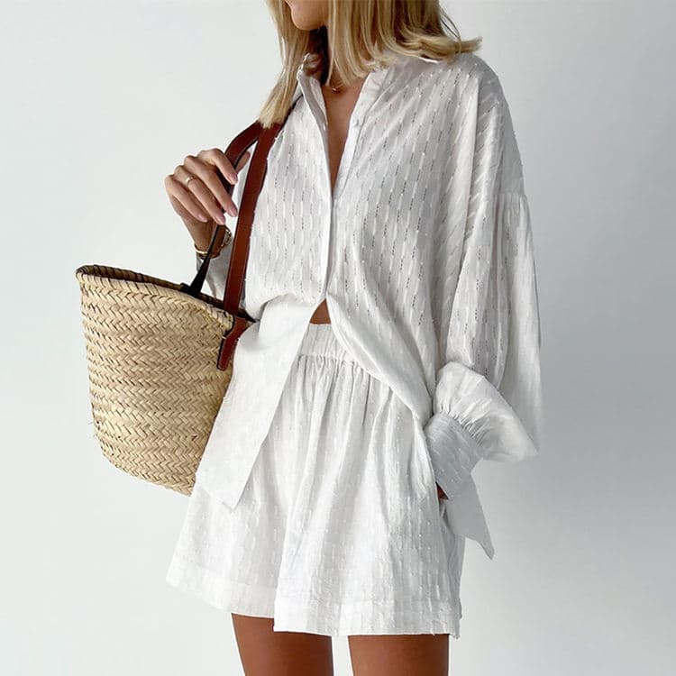 Summer Women Wear Jacquard Fabric Casual Wear Puff Sleeves Top Shorts Commuter Design Casual Suit