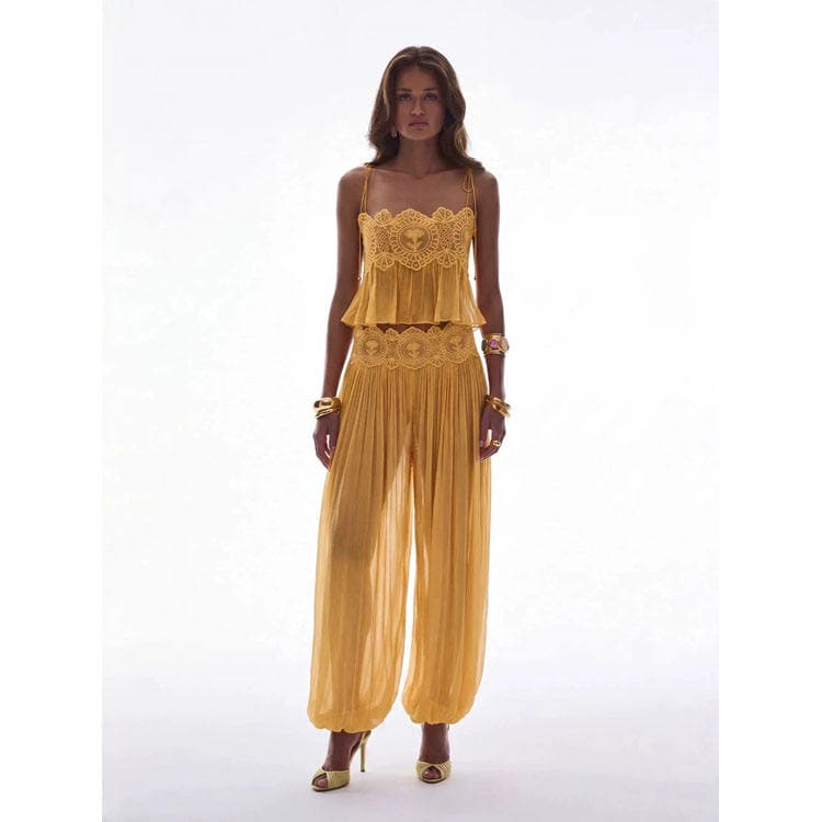 Wenshuo Lace Embroidered Camisole Wholesale Mesh Lantern Pants Custom logo Chiffon Women Set Factory Directly