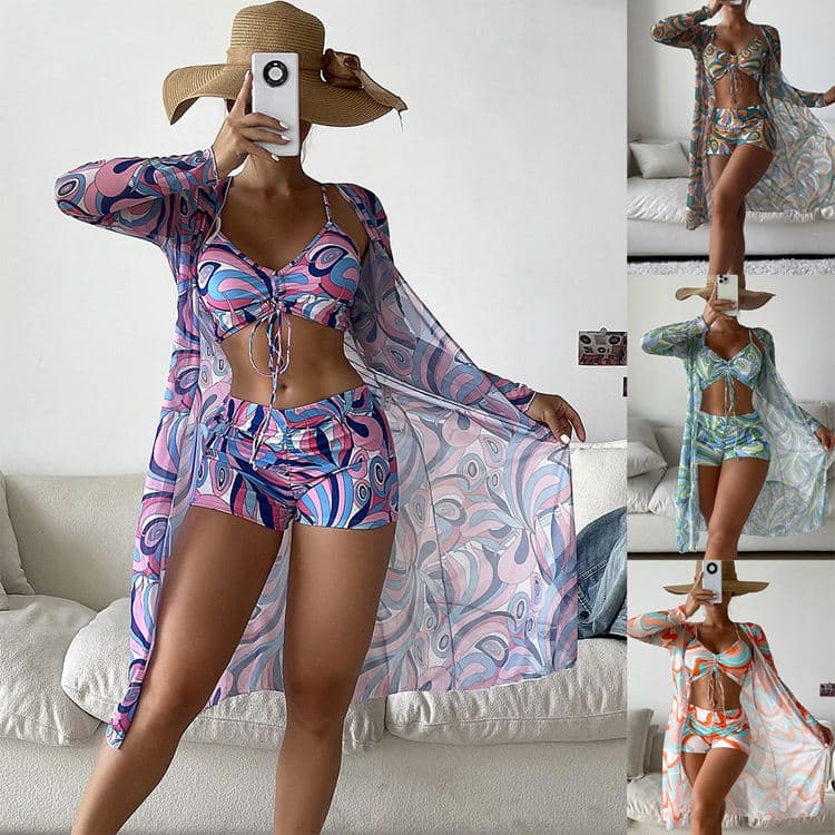 2023 Beach Swimsuit New Three Piece Bikini Swimsuit Geometric Print Swimwear With Cover Ups