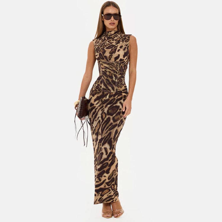 Wenshuo Stylish Leopard Dress Wholesale Vintage Maxi Dress Custom logo Elegant Fitted Dress Factory Directly