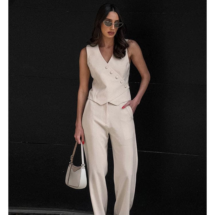 Women Cotton and Linen Two Piece Set Cardigan Vest and Straight Leg Trousers New Casual Set for Summer 2026 New Women Set