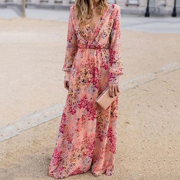2023 Summer New Thin Dress Sexy V Neck Printed Waist Swing Dress