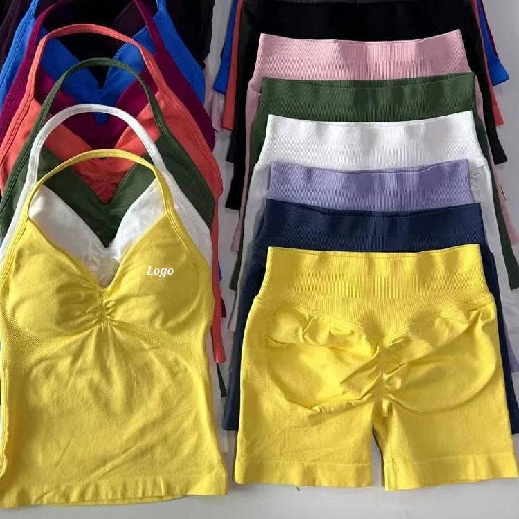90 Nylon 10 Spandex Seamless Tank Top and Shorts Women 2 Piece Gym Yoga Set