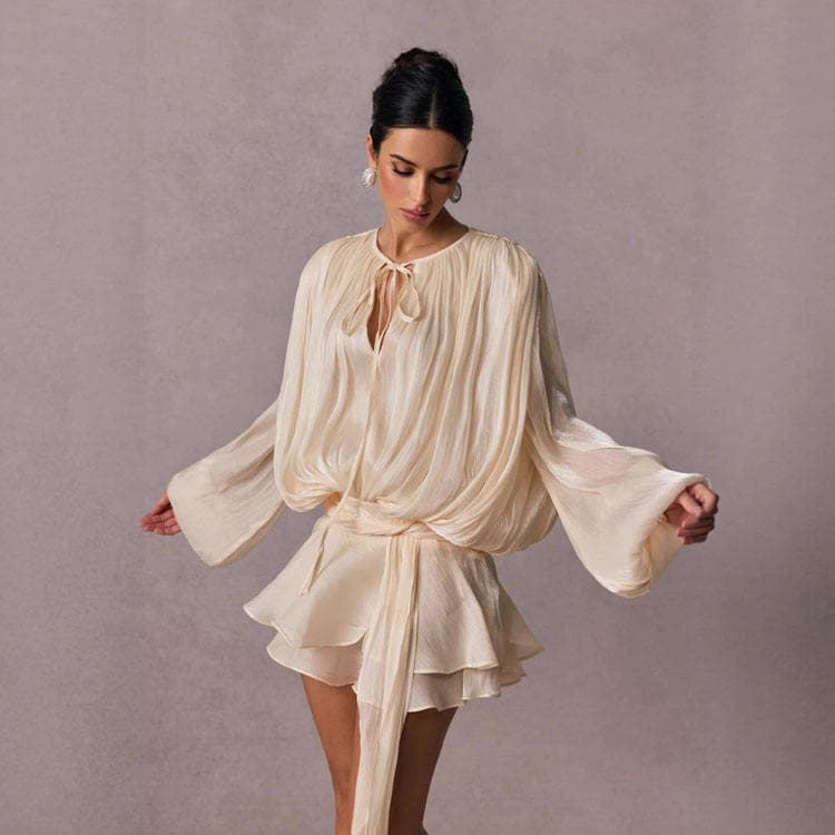 Wenshuo Pleated Ribbon Dress Wholesale Long Sleeve Dress Custom logo Casual Short Dress Factory Directly