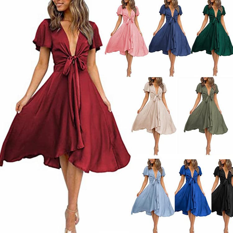 Summer 2023 Womens V Neck Ruffled Short Sleeved Bow Tie Two Piece Lace Dress