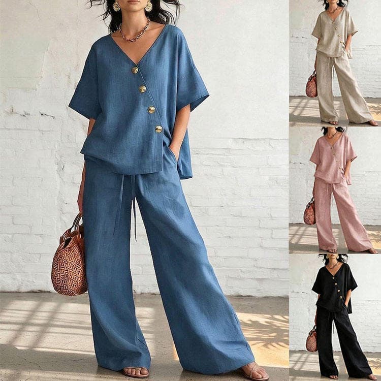 Wenshuo Asymmetrical V Neck Top Wholesale Simple Drawstring Trousers Custom logo Solid Color Women Suit Factory Directly