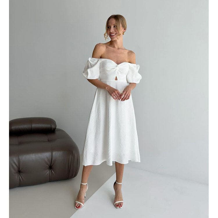 Elegant Lantern Sleeve off Shoulder Dress Elegant Waist Cotton A-line White Dress for Women Cotton Midi Dress Wholesale