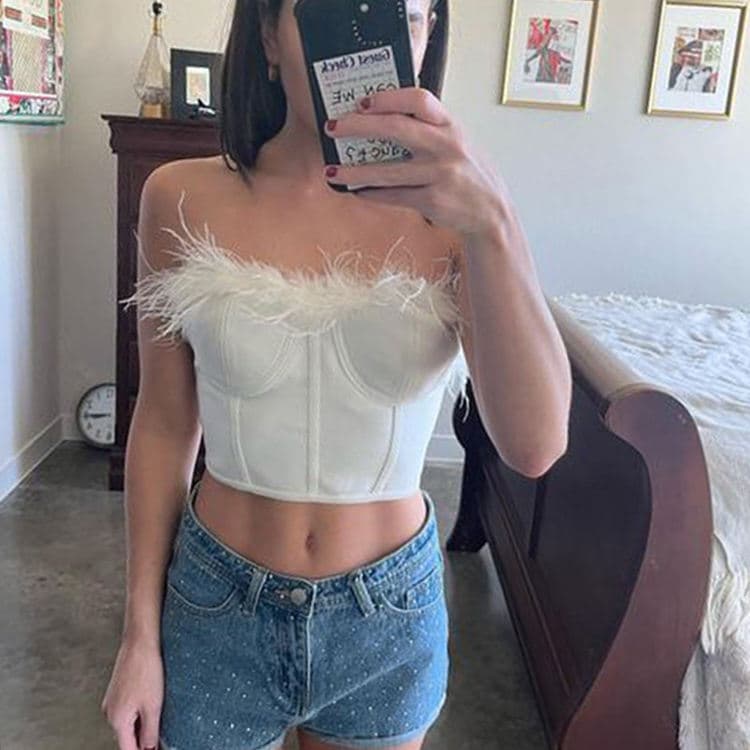 Autumn New Feather Bodysuit Fishbone Sexy Umbilical Versatile Style Wrapped Chest