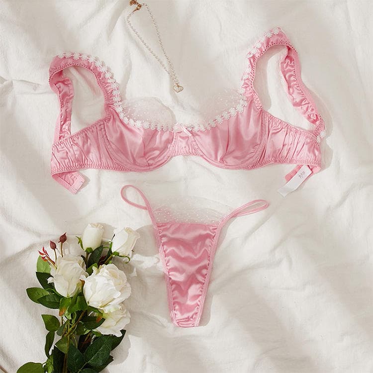 High Quality Three-point  Solid Lace Floral Sexy Underwear Lingerie Bralette Seduction Lingerie 2 Piece Set