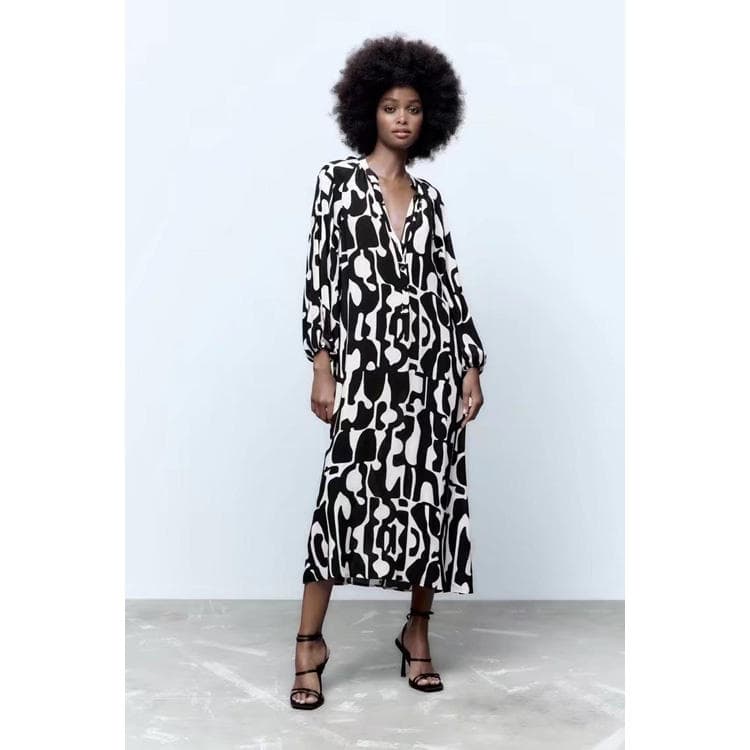 2022 Wholesale New Women Single Breasted Dresses Fashion Versatile Printed Midi Dresses
