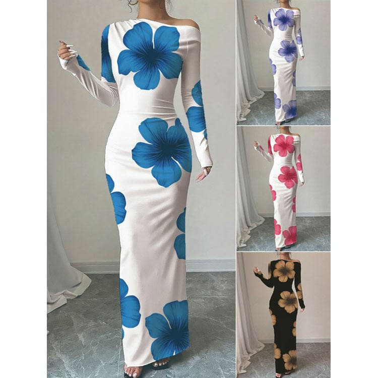 Wenshuo Printed Long Sleeve Dress Wholesale One-shoulder Dress Custom logo Elegant Maxi Dress Factory Directly