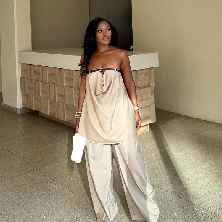 Wenshuo New Casual Set Wide Leg Trouser and Loose Strapless Tie Front Top Set Backless Women Sexy Set