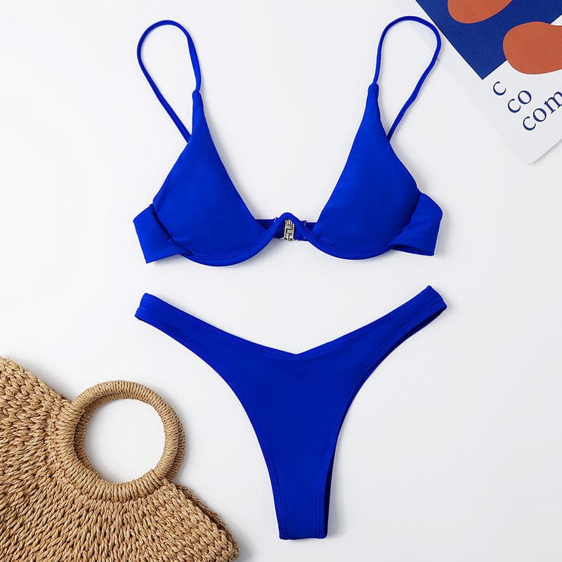 New Push up Underwire Solid Color Two Pieces Bikini Swimwear