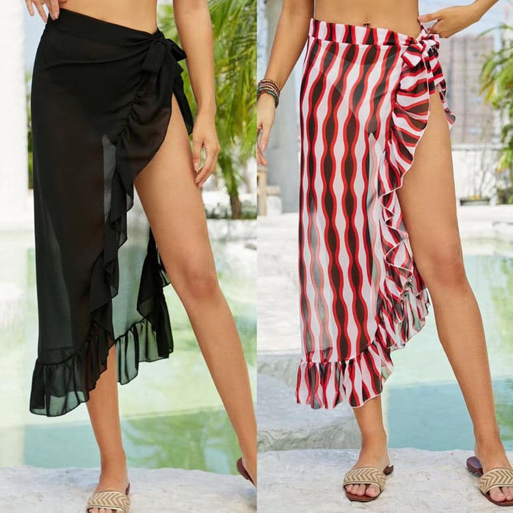 Wholesale Beach Bikini Cover Ups Tie Wrap Skirt Ruffle Edge Printed Sarong