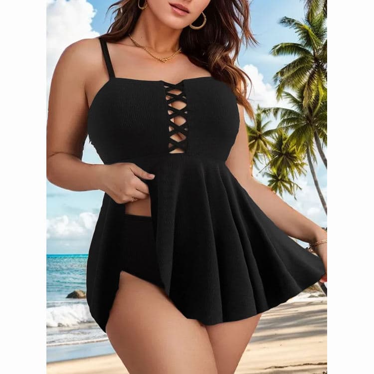 Solid Color Hollow Black Halter Big Size Ladies Swimsuit Sexy Hot Swimdress Bikini 2024 New Design Beachwear