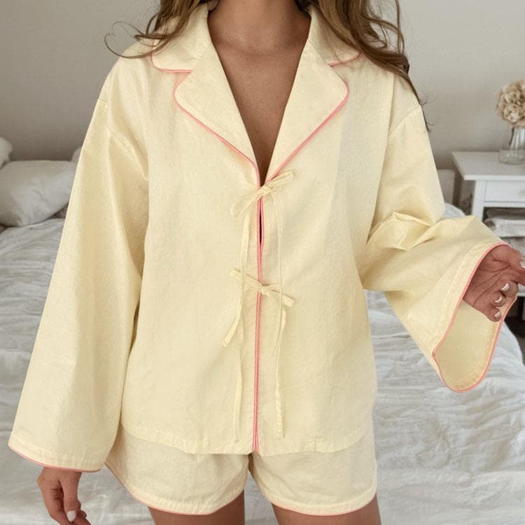 Wenshuo Solid Color Cotton Loungewear Wholesale Ribbon Long Sleeve Top Custom logo Casual Pajama Set Factory Directly