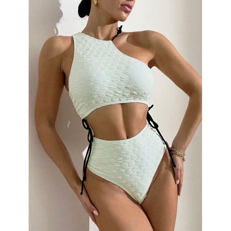 2023 New Solid One Shoulder Bodycon Bikini Drawcord Tie High Waist Bikini