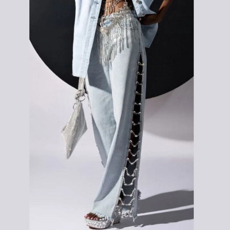 Wholesale Long Loose Jeans Thin Straight Jeans Diamond Chain Jeans