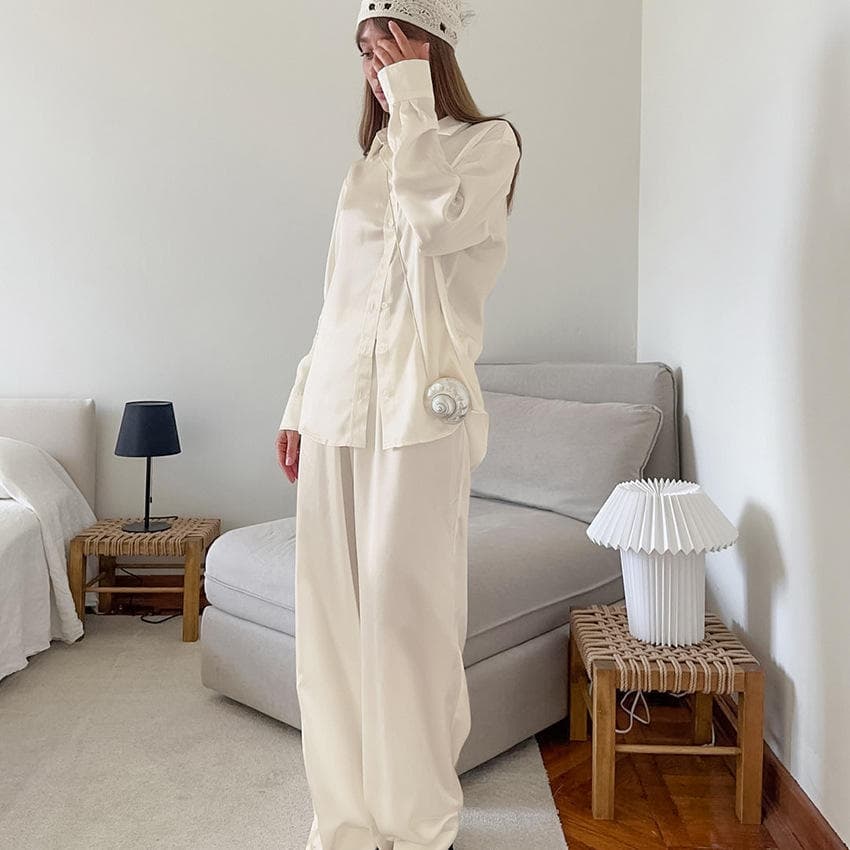 Fashion Satin Pajamas Set Manufacturer Solid Color Loose Long-sleeved Pajamas Casual Trousers Factory Directly